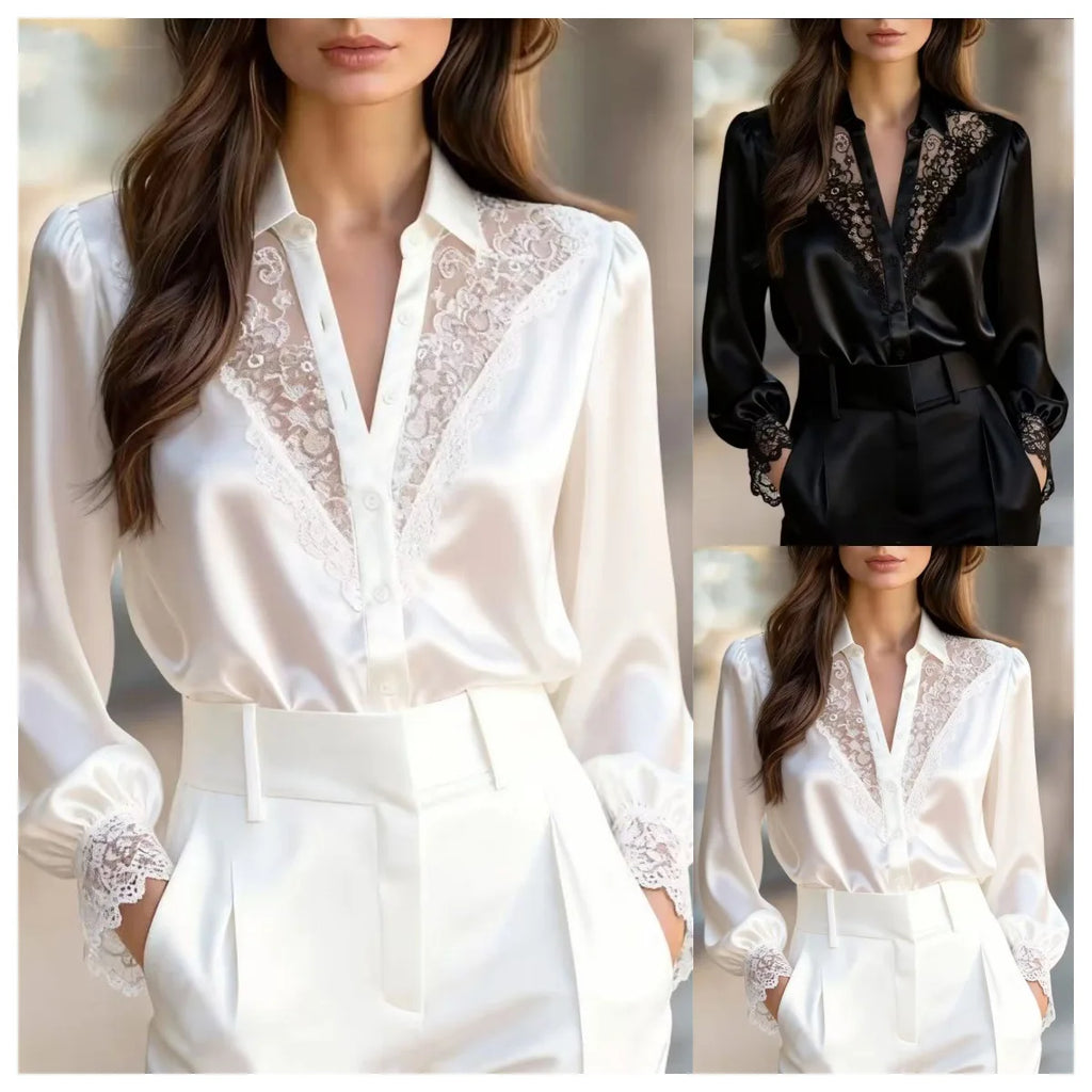 Casual Turndown Collar Office Lady Satin Blouse Fashion Long Sleeve Solid Color Lace Shirt Spring Elegant Women's Clothing