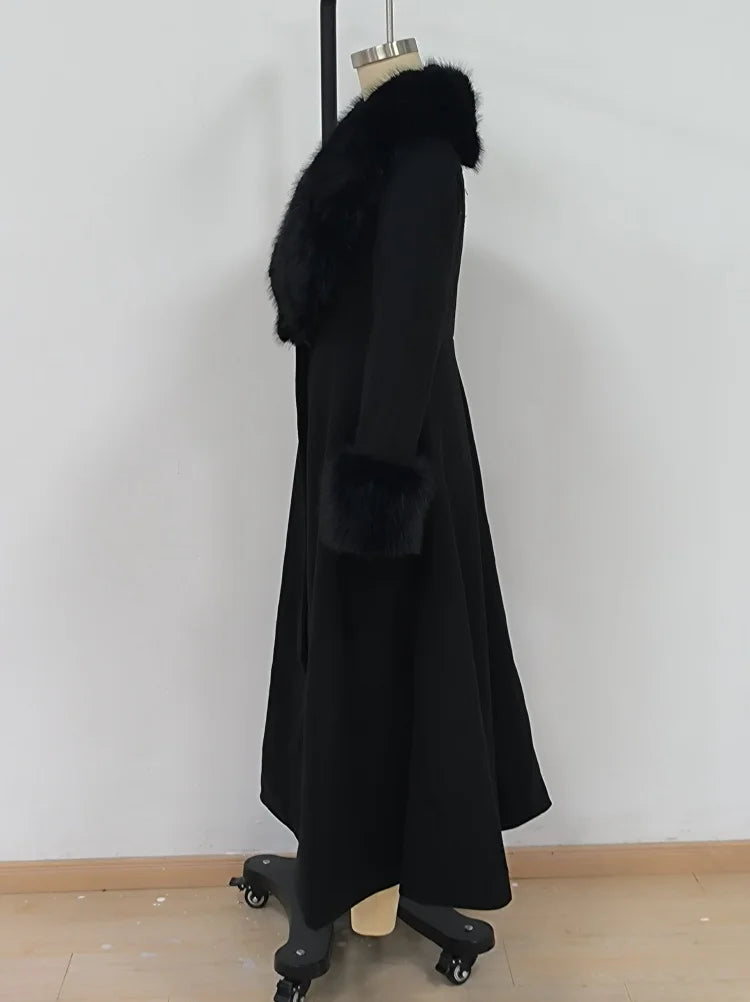 Women Wool Blend Coat Faux Fur Collar And Cuffs Fitted Waist Flared Maxi Silhouette Outerwear Winter Elegant Street Overcoat