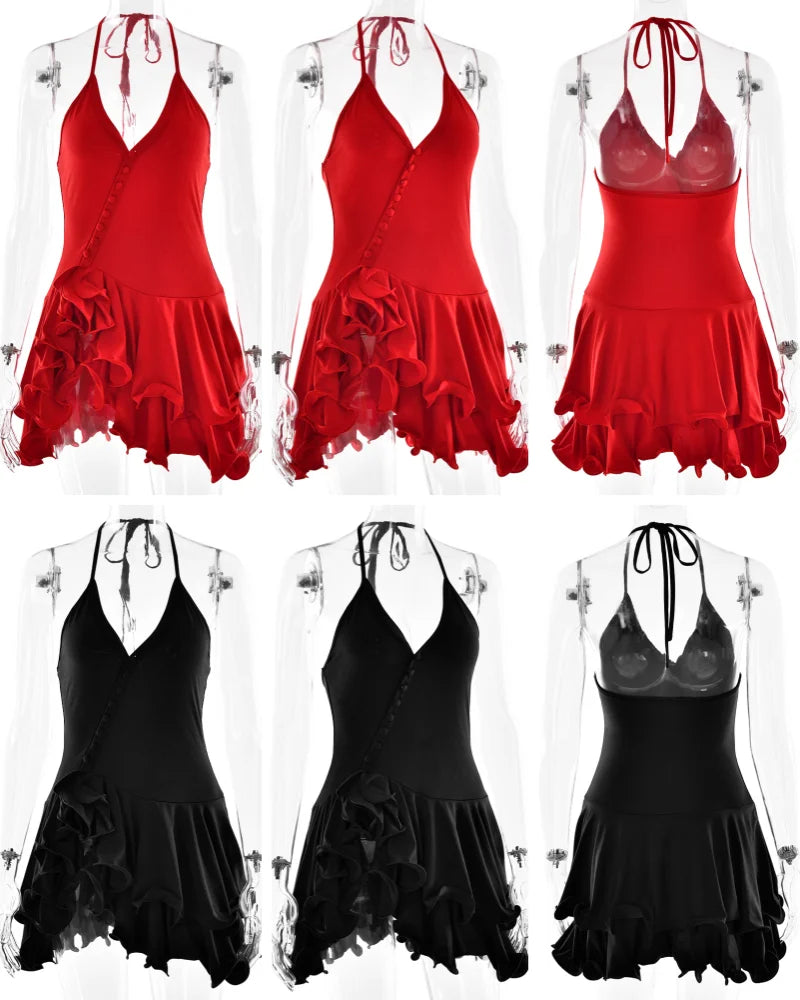 Absobe Women's A-Line Bodycon Mini Dress Ruffle Hem V-Neck Asymmetrical Buttons Long Sleeve Short Dress Party Streetwear Outfits