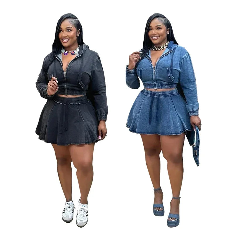 Streetwear Denim Set Woman Two Piece Outfit Casual Zipper Hooded Jacket Top and Mini Skirt Jeans Matching Sets Ensemble Femmes