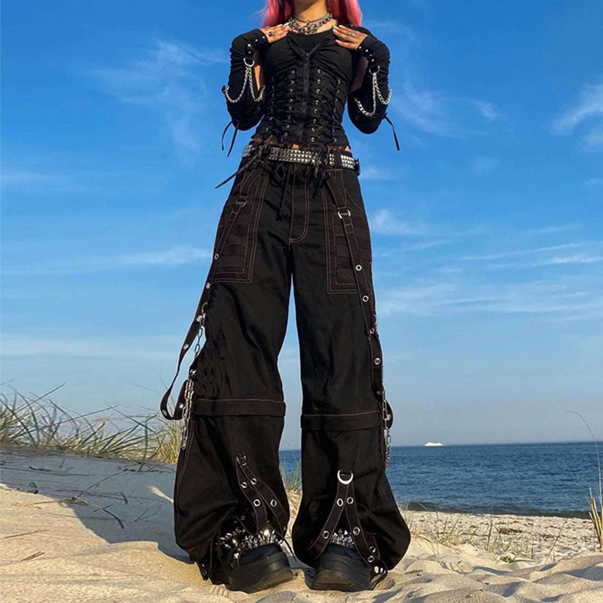 Women's Striped Cargo Jeans with Pockets