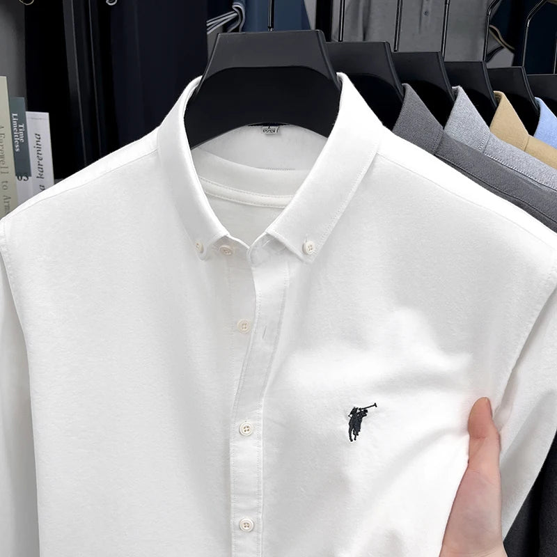 High End 100% Pure Cotton Long Sleeved Men's 2026 Spring Fashion Solid Color Business Casual Small Horse Logo Shirt