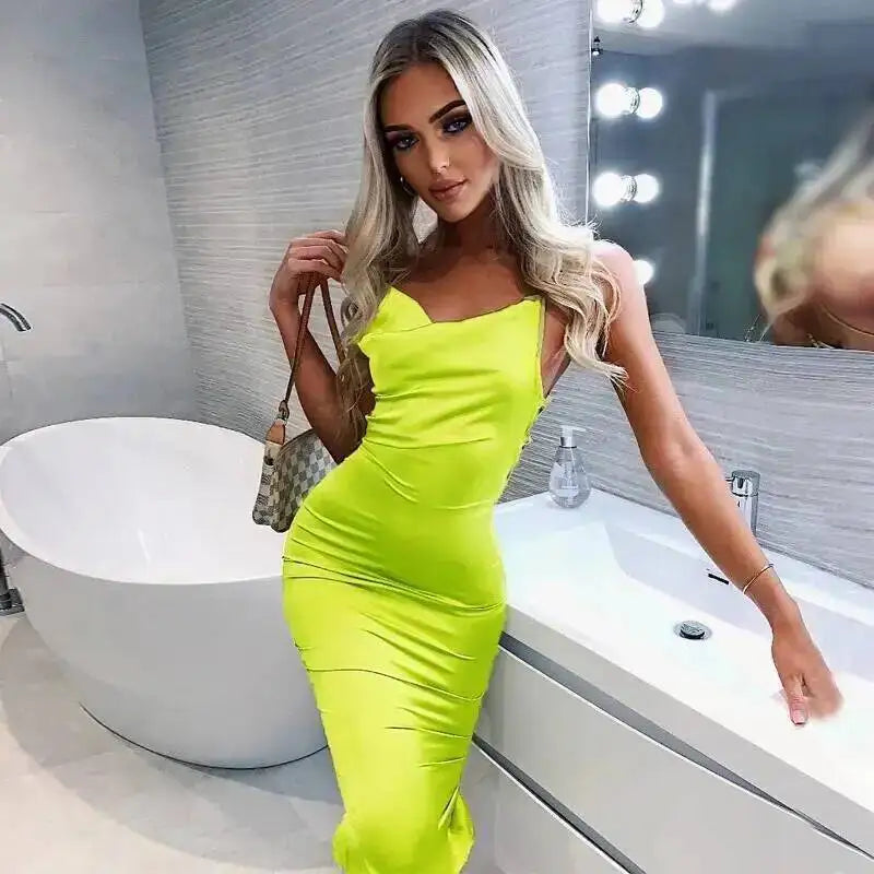 Satin Lace Up Women's Long Midi Dress Light Pink Bodycon Backless Elegant Party Sexy Club Clothes Summer Dinner Outfit