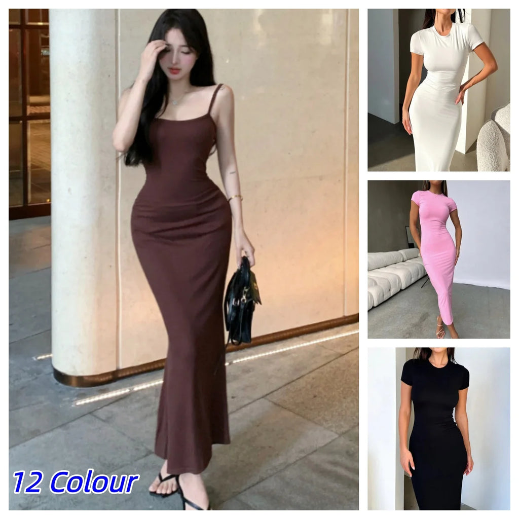 Sexy Skinny Women's Bodycon Party Casual Fashion O-neck Short Sleeve Solid Color Wraped Hip Package LongFemale Sexy Fit Dresses