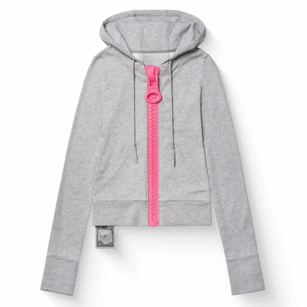 Y2K New Fashion Light Gray Hoodie Women Harajuku Casual Short Sweatshirt Large Zipper Decoration Hoodie Goth Sexy Slim Fit Tops