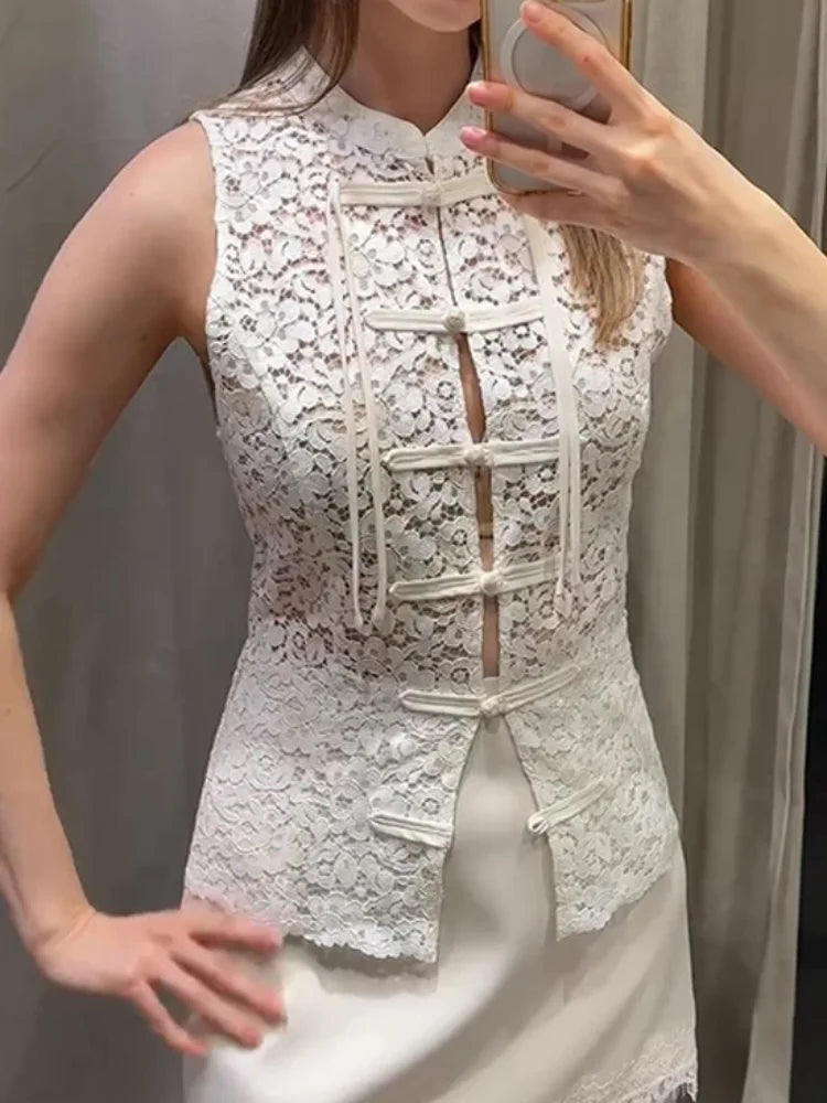 White Lace Cheongsam Style Top Sleeveless Frog Button Sheer Blouse 2026 Summer Fashion Elegant Casual Chic Streetwear Women Item