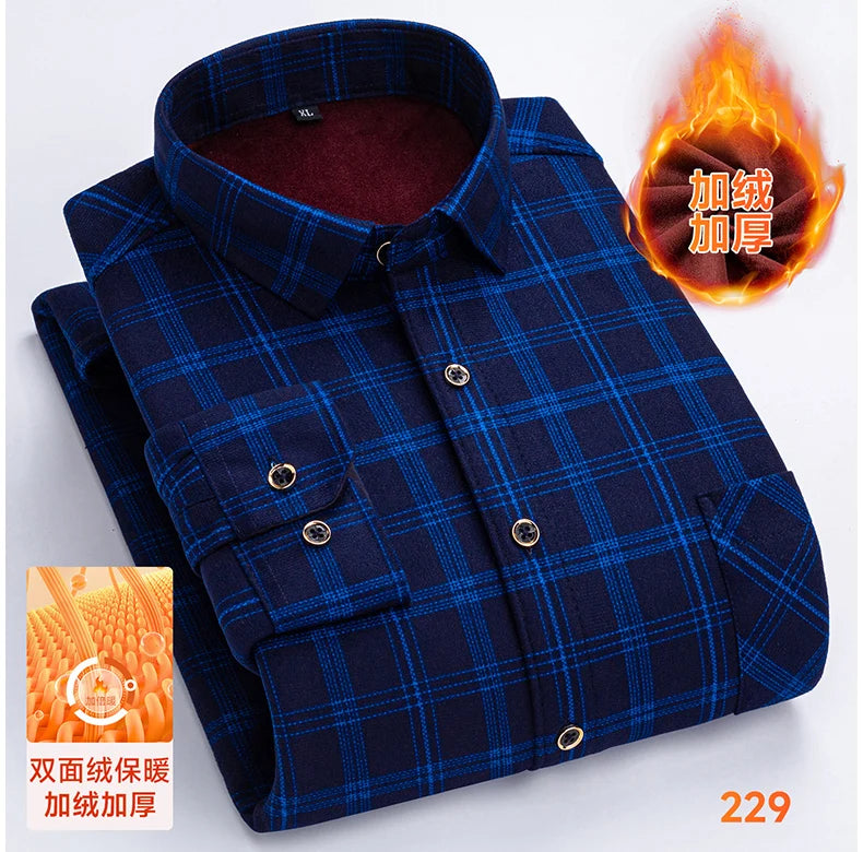 2025 Men's Winter Warm Shirts Long Sleeve Plaid Print Flower Autumn Thickened Fleece Street Trend Casual Dress Shirts 8XL 7XL