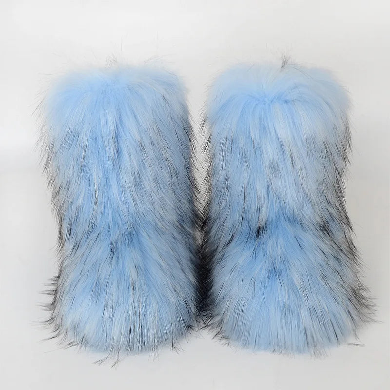 Women's Winter Snow Boots Outdoor Luxury Furry Faux Fox Fur Boots Woman Plush Warm Platform Shoes New Fashion Bottes Big Size 46