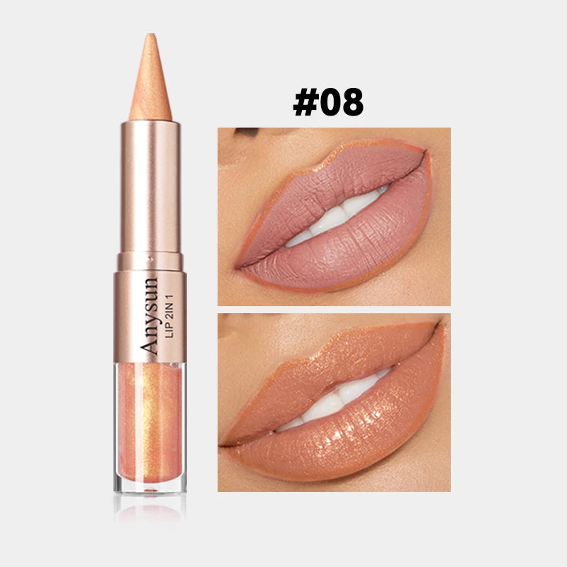 Double Head 2-in-1 Lip liner+Lip Gloss Waterproof and Durable Fine Shiny Mirror Gloss