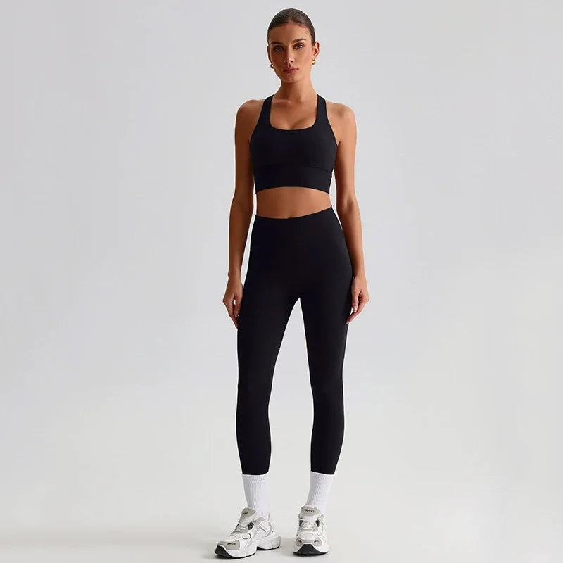 Naked Feel Yoga Set Women Fitness Sportswear 2 Piece Strappy Sports Bra High Waist Gym Leggings Workout Outfit Active Wear