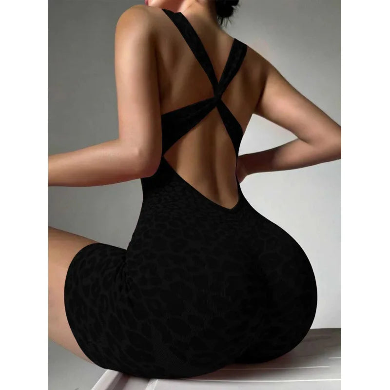 New Leopard Seamless Fitness Bodysuit Shorts Women Cross Strap High Stretch Yoga Jumpsuit Workout Fashion Butt Liftting Bodysuit