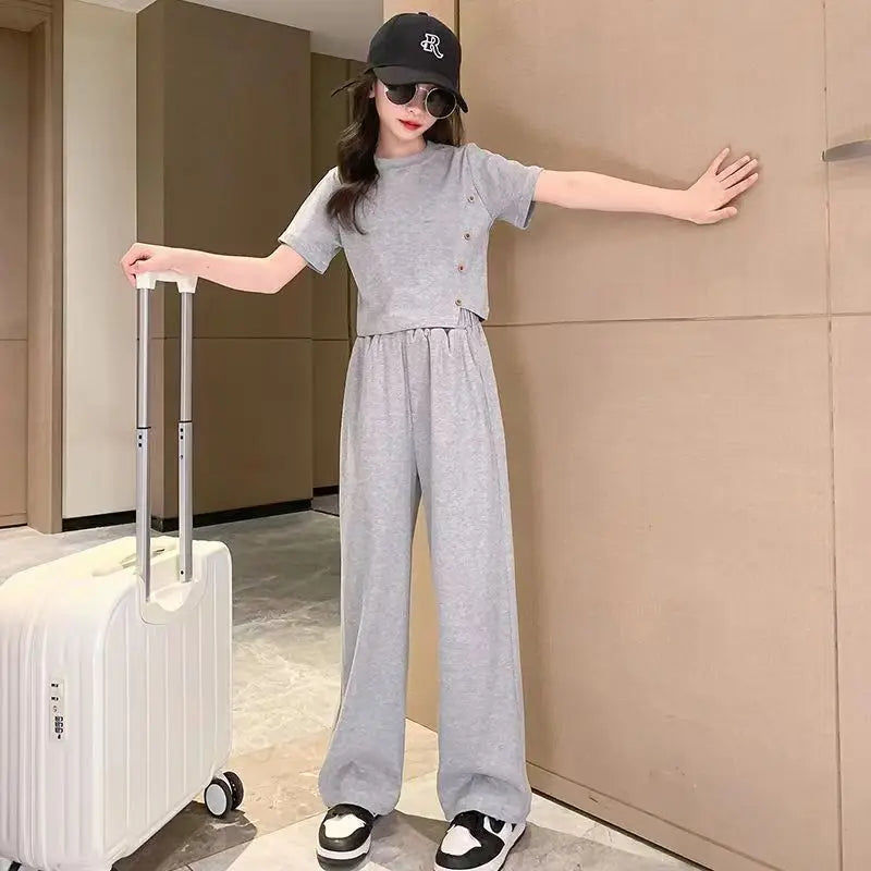 Summer 2026 Girls Clothes Sets Kids Short Sleeve Casual T-Shirts + Loose Pants 2PCS Children Clothing Suits Teen 6 8 10 12 14 Y