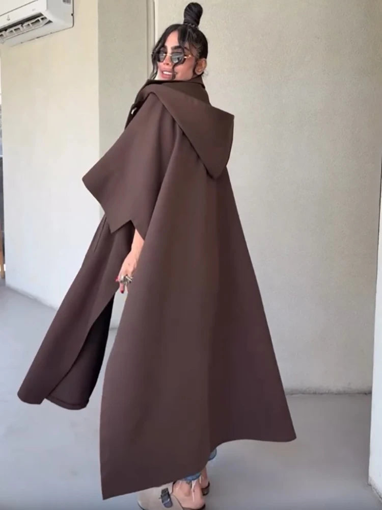 Fashion Solid Cape‑style Long Overcoat Women Oversize Hooded Self‑tie‑belt Wide 3/4 Sleeve Trench Coat New Fall Female Outerwear