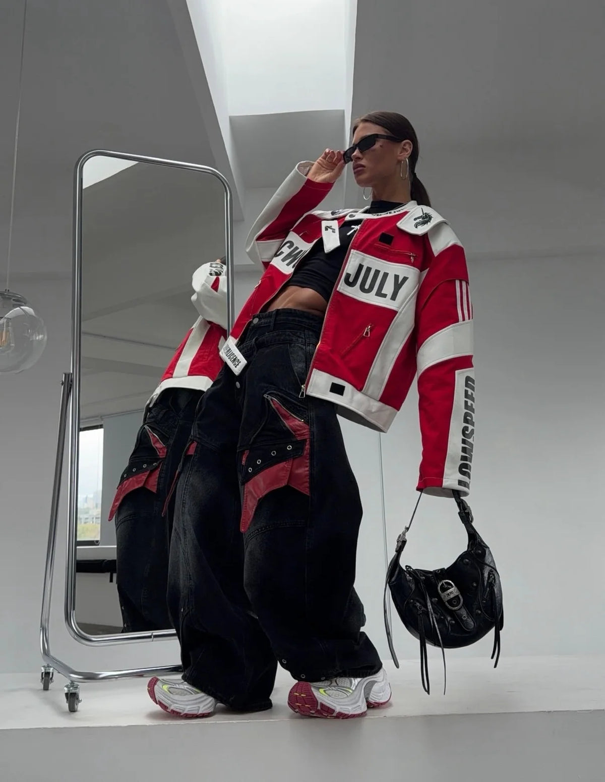 New Women Cropped Racing Jacket Red White Color Block Letter Print Zip Up Streetwear Moto Coat Women Hip Hop Daily Street Outfit