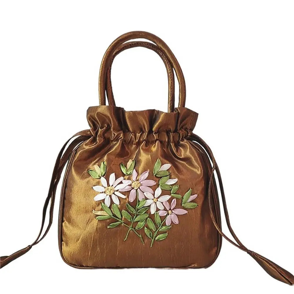 Retro Elegant Satin Silk Embroidery Totes for Women Floral Drawstring Handbag Hanfu Woman Purse Wallet Small Tote Bags