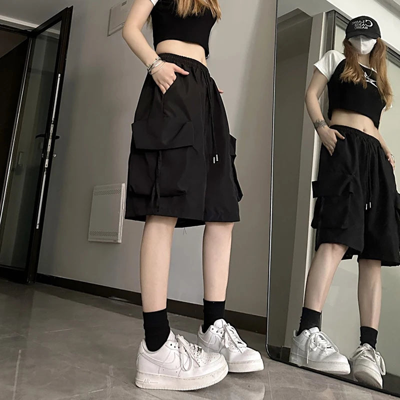 URBANCREW High-Waist Cargo Shorts — Loose Streetwear Fit