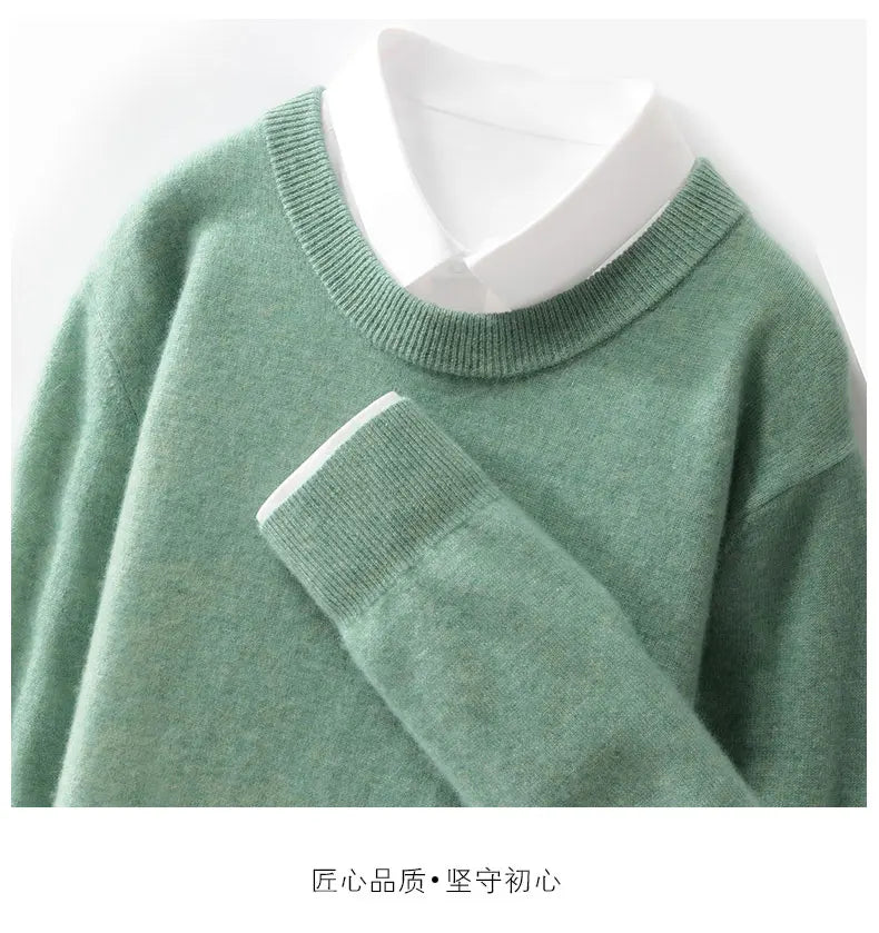100% wool men's round neck solid color loose knit cashmere pullover for business and leisure, keeping warm in autumn and winter
