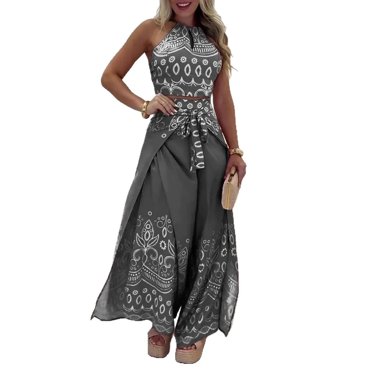 Summer Vintage Halter Top Wide Leg Pants Set Women's Bohemian 2-Piece