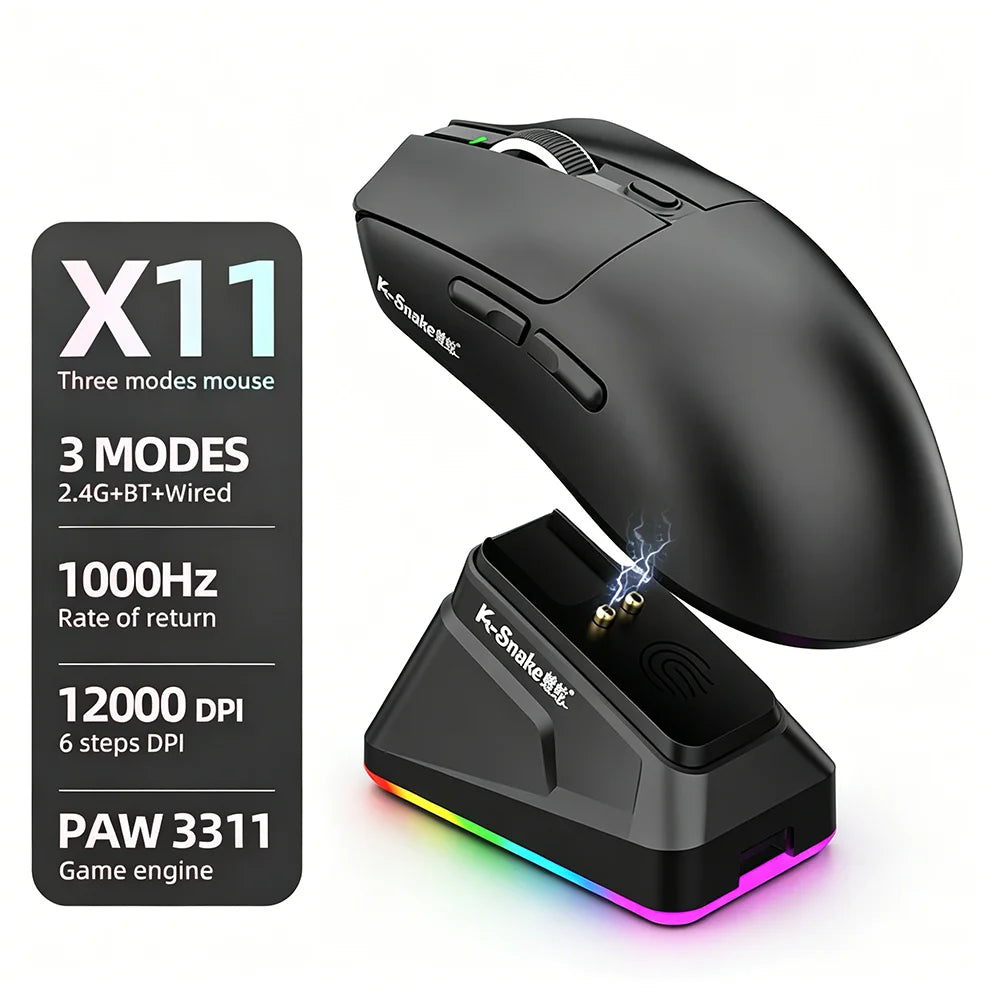 KEBIDUMEI X11 PAW3311 Tri-Mode Wireless Mouse 12000 DPI Gaming Mouse RGB Touch Magnetic Charging Base Bluetooth /2.4G/Wired Mice