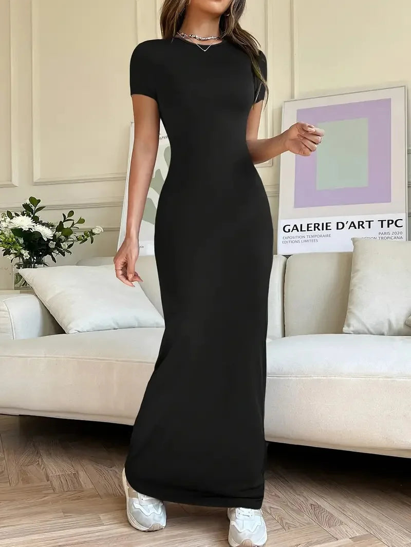 Sexy Slim Fit Short Sleeve round Neck Dress Pure Color Long Dress for Women LinJ2026 Casual European Style mid Waist Skirt