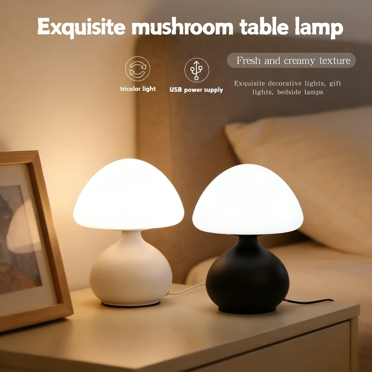 USB Powered Mushroom Table Lamp, Ambient Light, Bedroom Modern Simple and Atmospheric Table Lamp, Small Night Light, Decorative