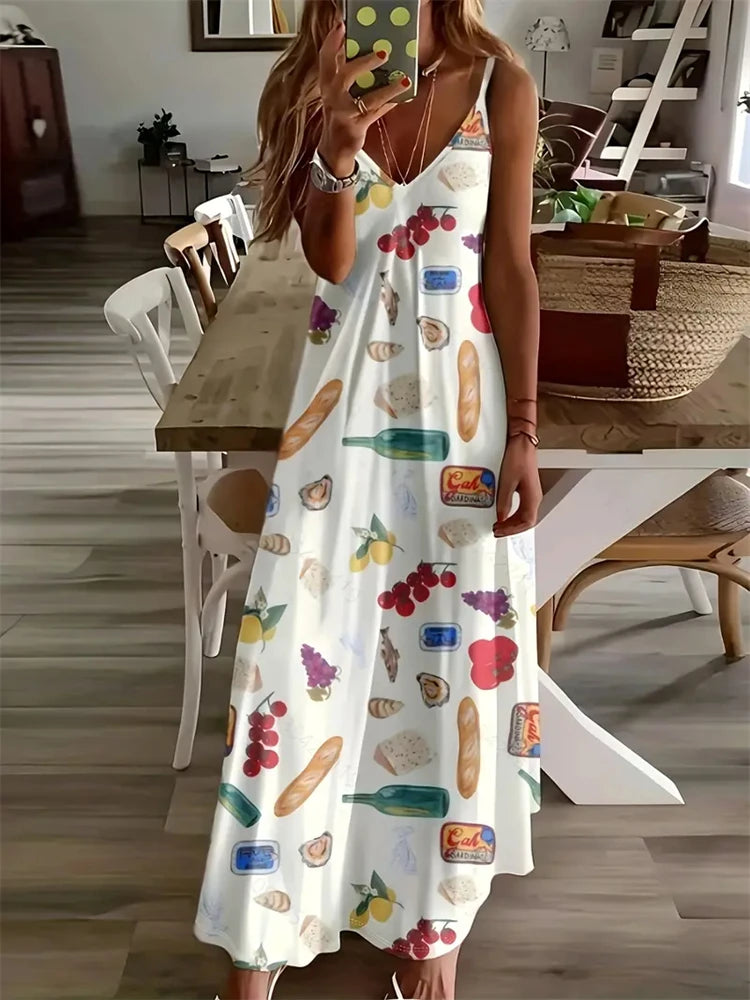 2024 New Women's Vintage Print Sleeveless Floor-Length Sundress Fashion V-Neck Slip Dress Bohemia Casual Loose Holiday Clothing