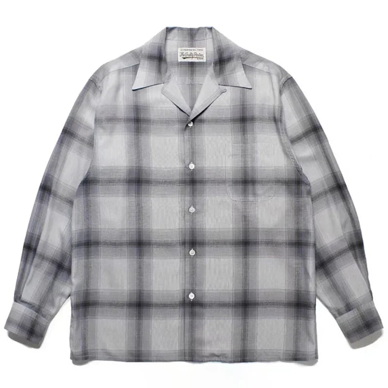 Classic WACKO MARIA Checkered Plaid Shirt Men Women Best Quality Hawaiian Tops Oversized Long Sleeved Shirts Light Purple Gray