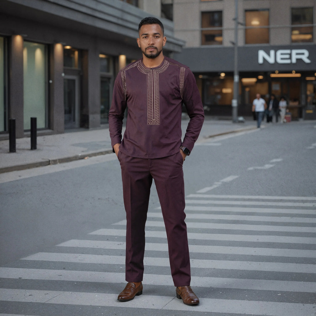 Kaftan Elegant Men's Suit Long Sleeve Ethnic Style Casual EmbroideryTop And Pants 2PCS Sets African Fashion Traditional Outfits