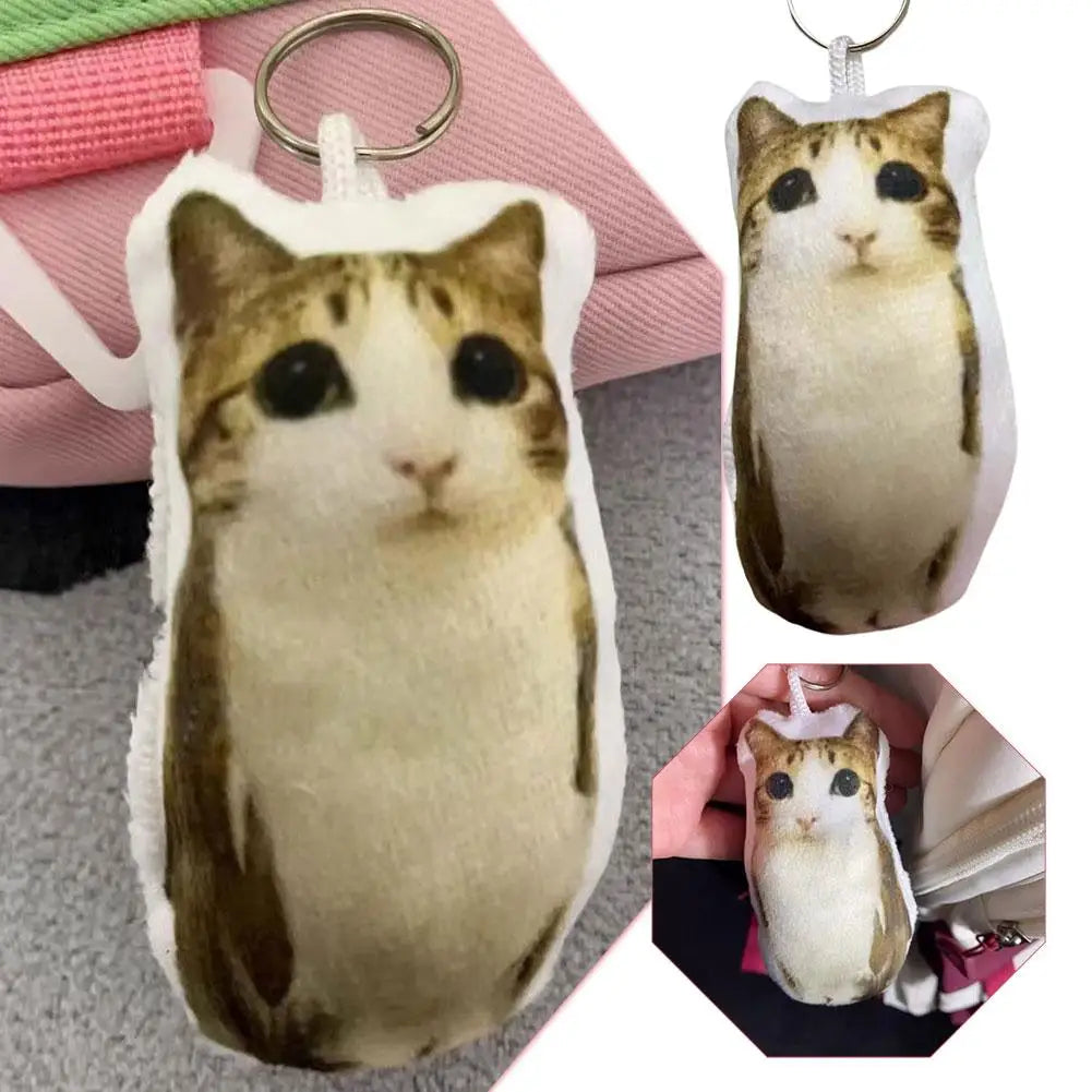 Cute Meowl Plush Keychain with Realistic Cat Sound Squeeze Voice Toy Funny Photo Realistic Cat Face Pendant for Bag Backpack