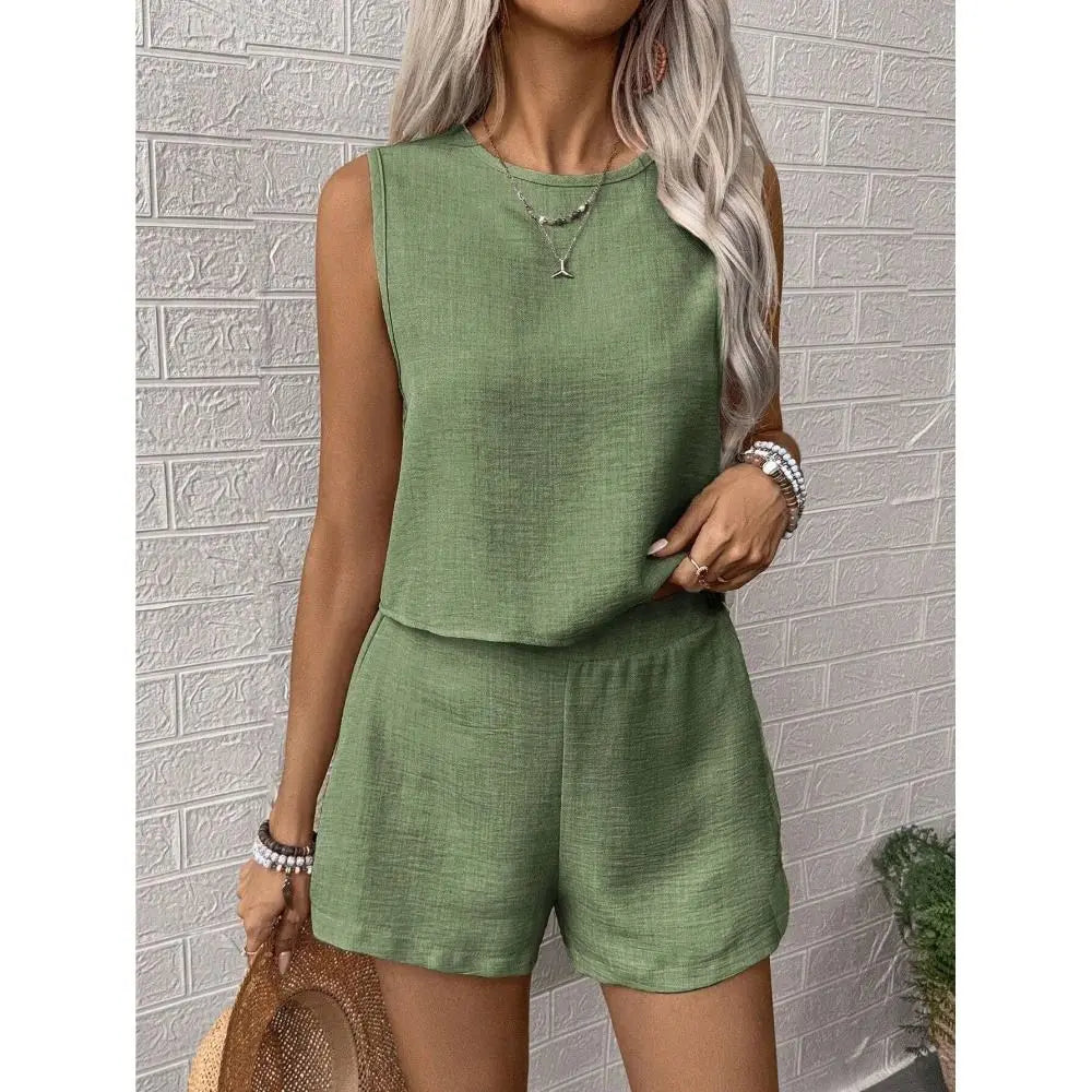 Fashion Solid Color Vest Shorts Set Simple Design Multi-size Casual Outfit Set Sleeveless Top Set Casual Wear
