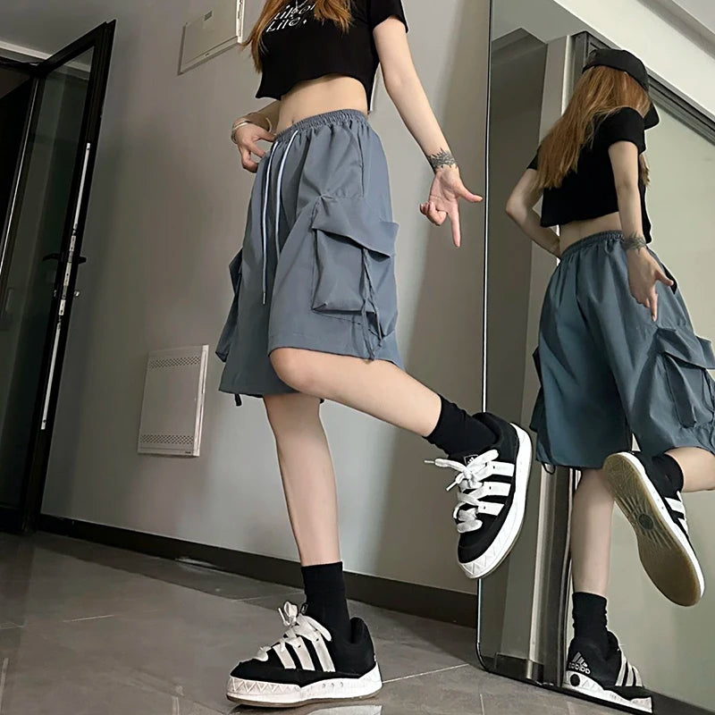 URBANCREW High-Waist Cargo Shorts — Loose Streetwear Fit