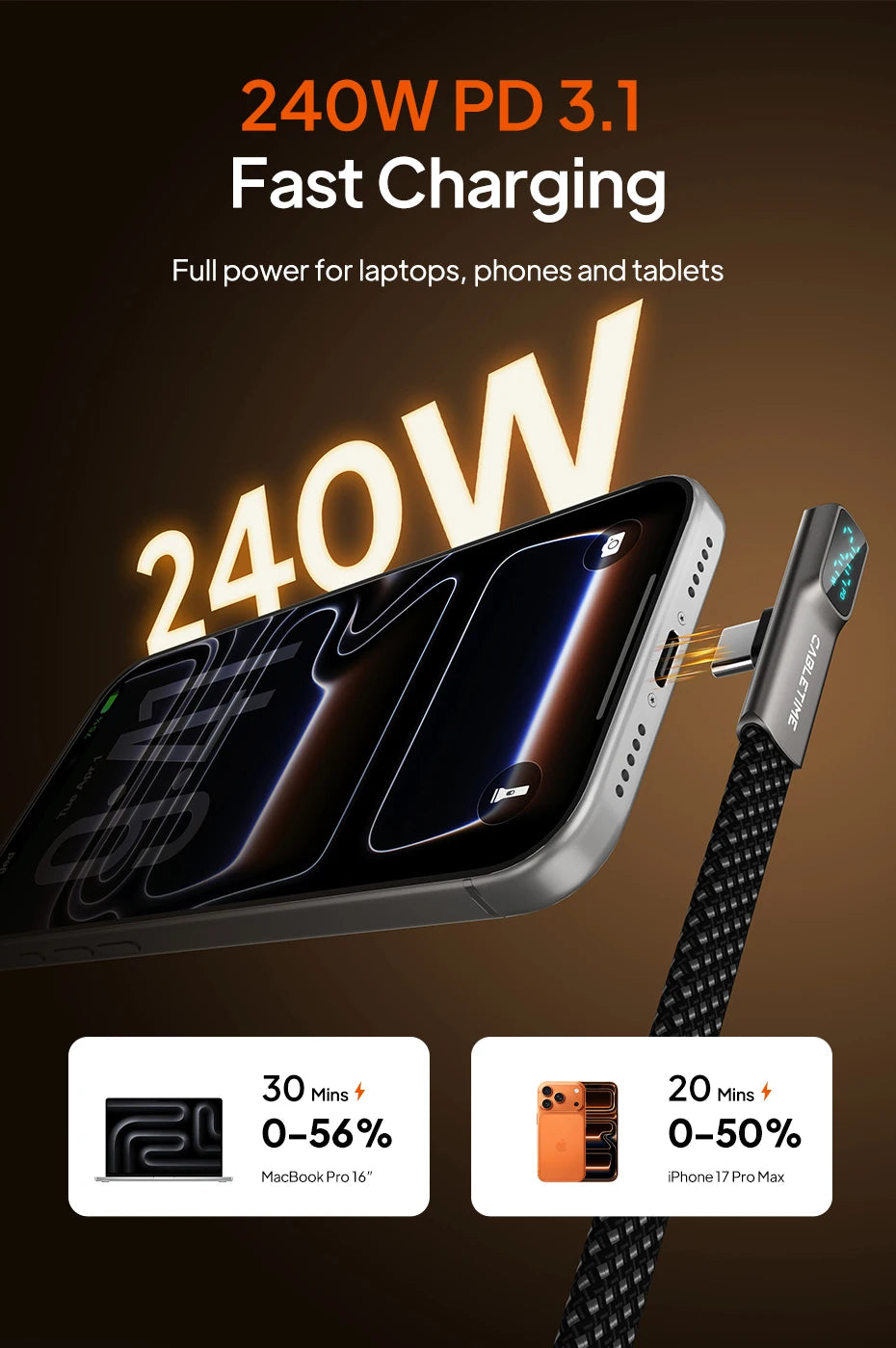 CABLETIME 240W USB C Cable Fast Charging Cable Data Sync Type C Display Cable for iPhone Duo iphone 18/17 Huawei MacBook Laptop