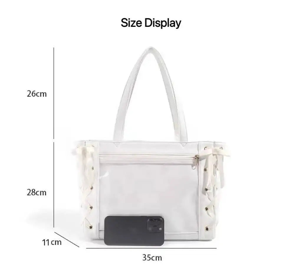 Japanese Sweet Women Ribbon Ita Bag Fashion Large Capacity Tote Bag Aesthetic Shoulder Bag Cute Lolita Girl Transparent Handbags