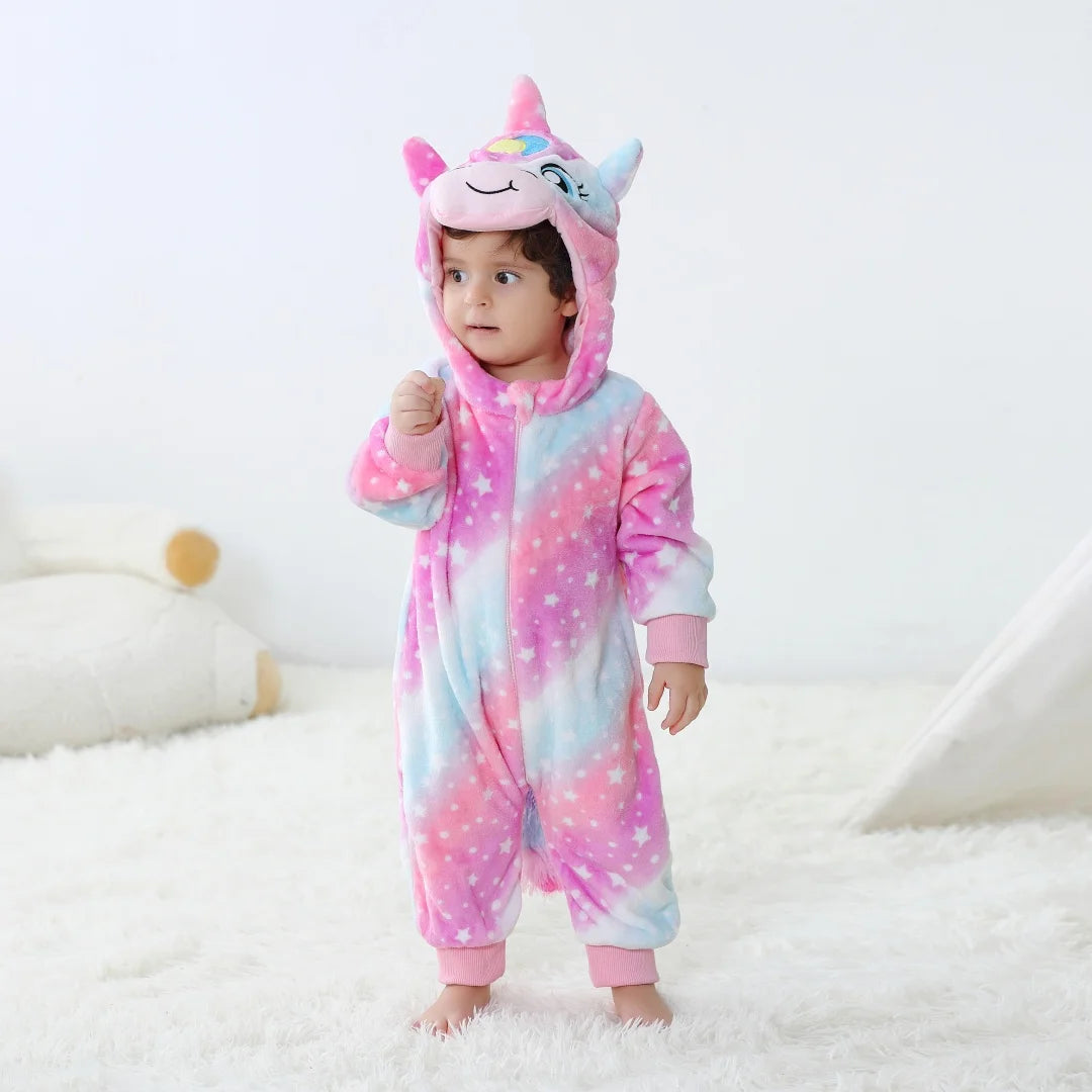 Unicorn Baby Jumpsuits with Hat Flannel Toddler Rompers for Boys Girls Long Sleeves Onesies Soft Breathable One-Piece Pajamas