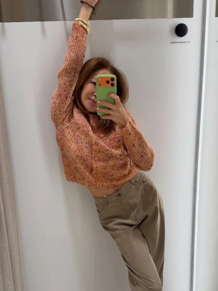 Women Cropped Knit Cardigan Speckled Round Neck Metal Button Front Long Sleeve Slim Fit Knit Jacket Casual Ladies Outerwear