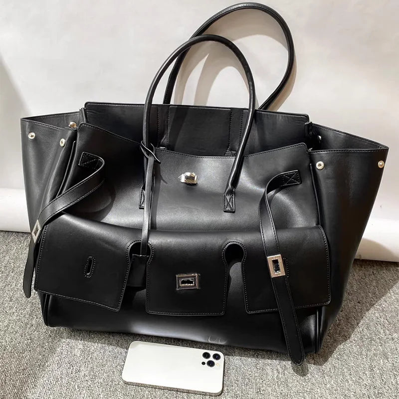 High-quality Soft PU Leather Brand Tote Bag, Lock Design Large-capacity Storage Handbag, Women Commuter Shoulder Bag For Daily