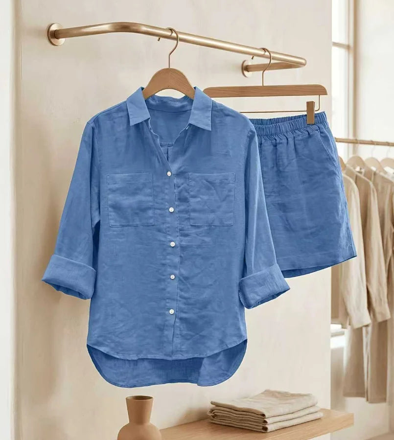 Summer Autumn Cotton Linen Casual Home 2 Piece Set For Women  Fashion Long Sleeve Shirt And Shorts Two Piece Sets Tracksuit