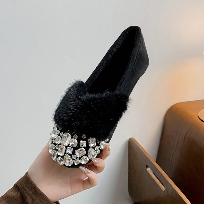 Luxury Glitter Rhinestone Ladies Plush Flat Shoes Female Cozy Crystal Decorate Loafers Winter Warm Walking Driving Shoes Casual