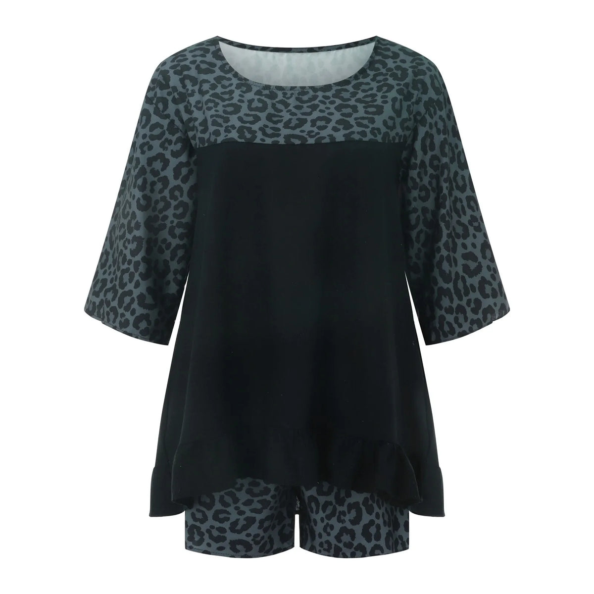 Summer Vintage Leopard Patchwork Outfits Set Cotton Linen Shirt Tops And Loose Shorts Suit Casual 3/4 Sleeve Women Two Piece Set