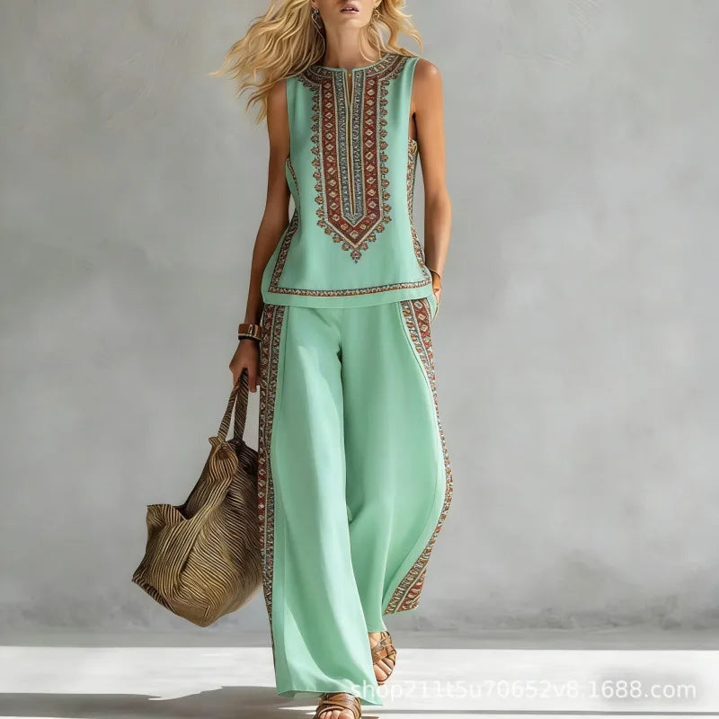 New Fashion Retro Printed Sleeveless Tops Trousers 2-piece Sets Women's Summer Casual Vest Loose Wide Leg Trousers Female Suit