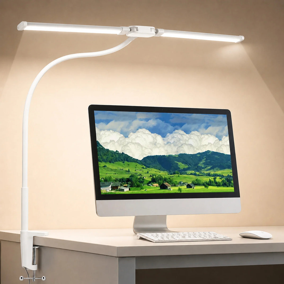 Double Head Scissor Arm LED Desk Lamp with Clamp Dimmable 3 Color Modes 10 Brightness Eye-Caring Architect Light, USB Adjustable Monitor Lamp for Office Study Gaming Reading Workbench