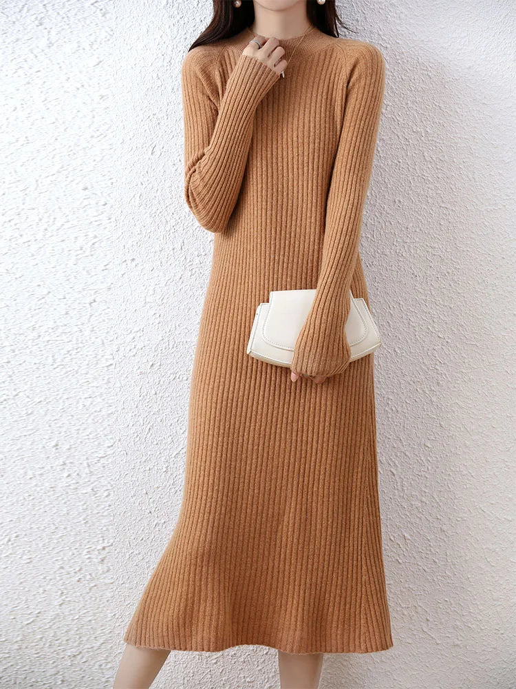 Cashmere Sweater Womens Dresses 100% Merino Wool Autumn Winter New Elegant Knitted Long Dress Female Casual Warm Skirts Vestidos