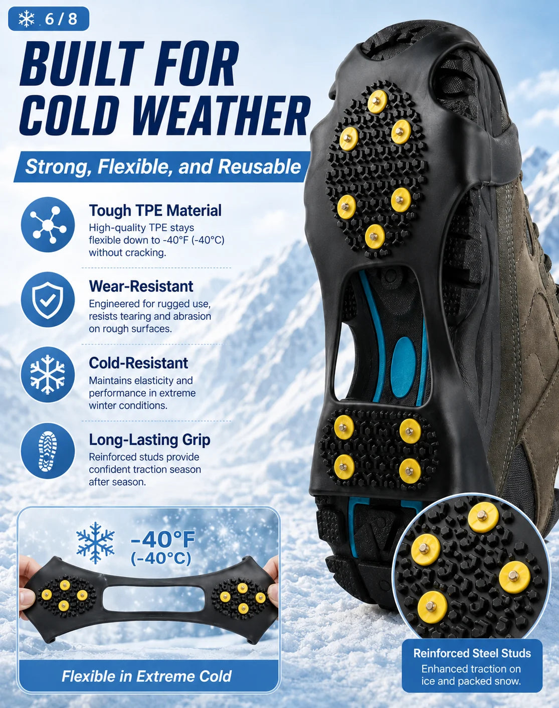 Anti Slip Ice Cleats Shoe Covers 10 Stud Snow Grips Winter Traction Crampons for Boots Hiking Walking Outdoor Safety Gear Unisex