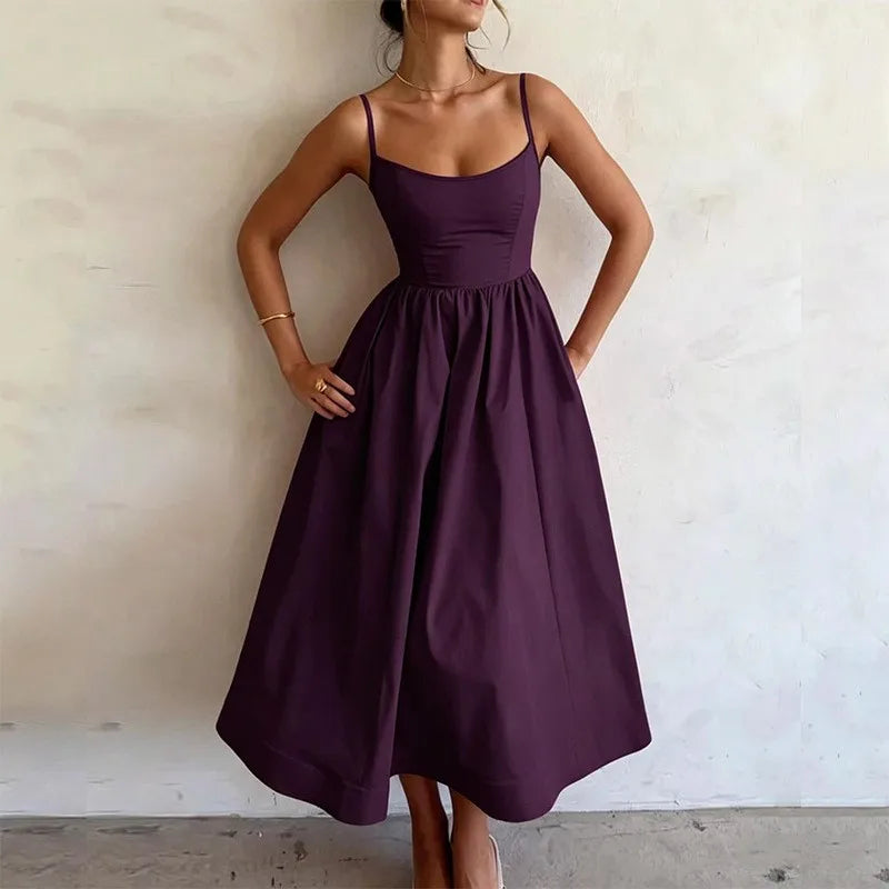 Summer Dress Woman White Spaghetti Strap Dresses Women's Sleeveless High Waist Maxi Dress Pastel Lavender Cotton Look Fabric