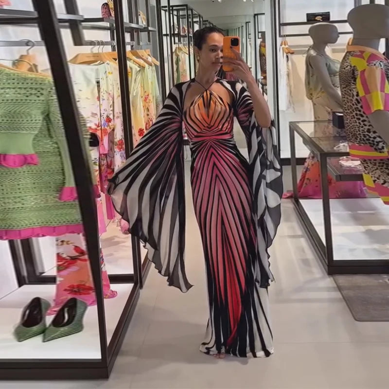 Printed Batwing Sleeve Halter Party Dress Women's Sexy Backless Full Sleeved Maxi Dresses 2026 Autumn Lady Evening Gown
