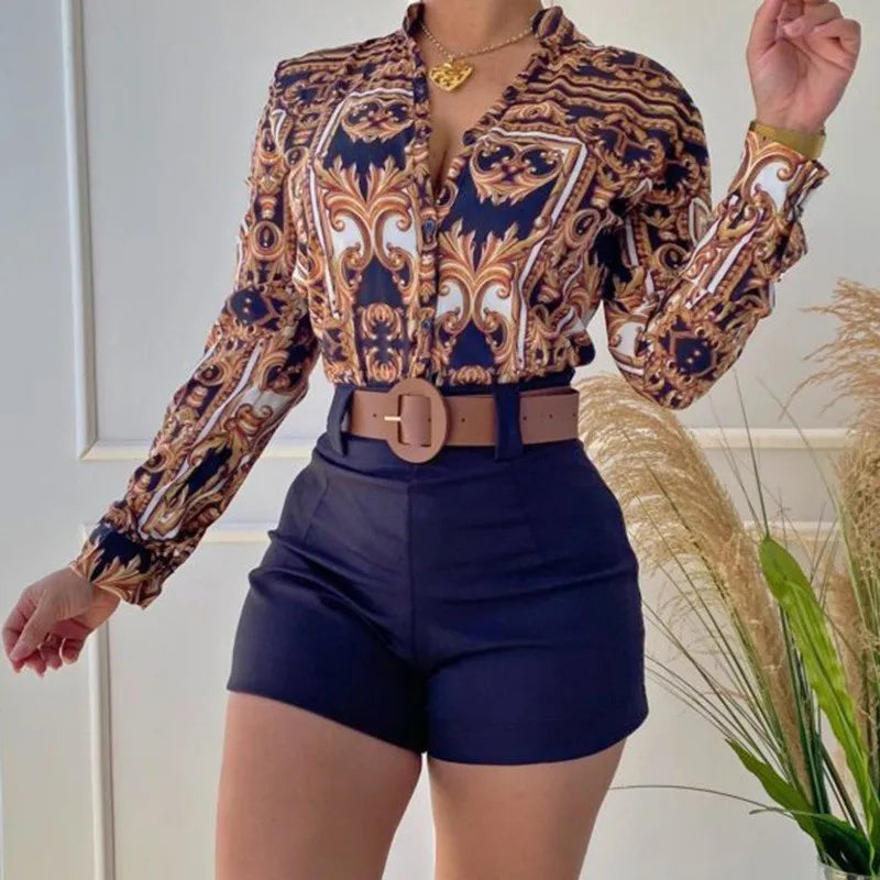 Women's Shorts Suit Summer Fashion Sexy V Neck Long Sleeve Shirts Slim Wear A Belt Elegant Female Blouse Office Two Piece Set