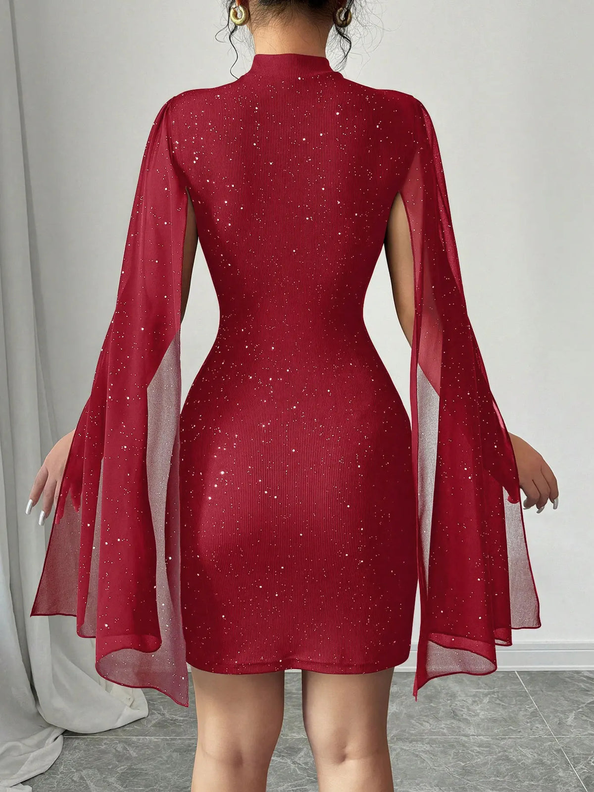 Sexy Women's Stand Collar Cape Mini Dress Sequins Sparkling Club Party Night Out Fitted Bodycon Elegant Autumn Winter