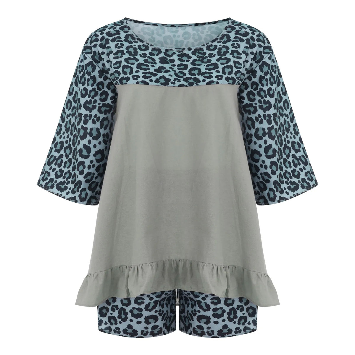 Summer Vintage Leopard Patchwork Outfits Set Cotton Linen Shirt Tops And Loose Shorts Suit Casual 3/4 Sleeve Women Two Piece Set