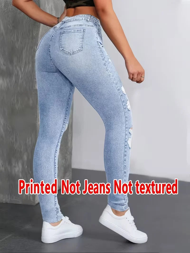 Printed Leggings - Non-Denim Fabric, Full Faux Denim Printed Leggings, with Fake Pocket and Button Prints, High Elasticity, New