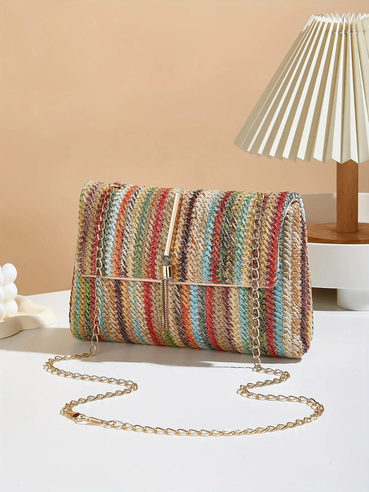 Chic Rainbow Stripe Straw Crossbody Bag for Women Adjustable Shoulder Strap Magnetic Closure Tassel Accent, Fashion Square Purse